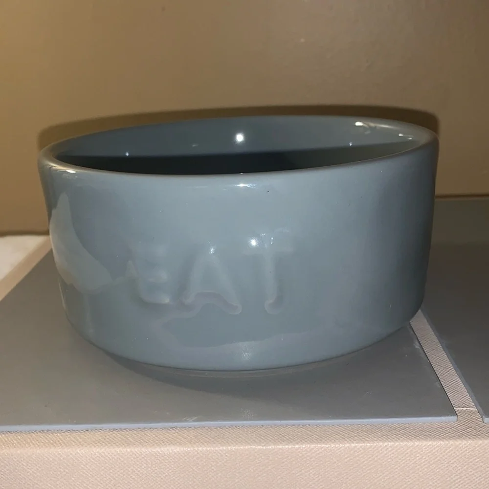 🇺🇸 Set of 2 Gray Ceramic Pet Bowls ( EAT, DRINK) NIB